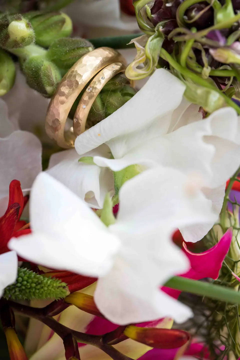 Eheringe als Nahaufnahme zwischen weißen und pinken Blüten